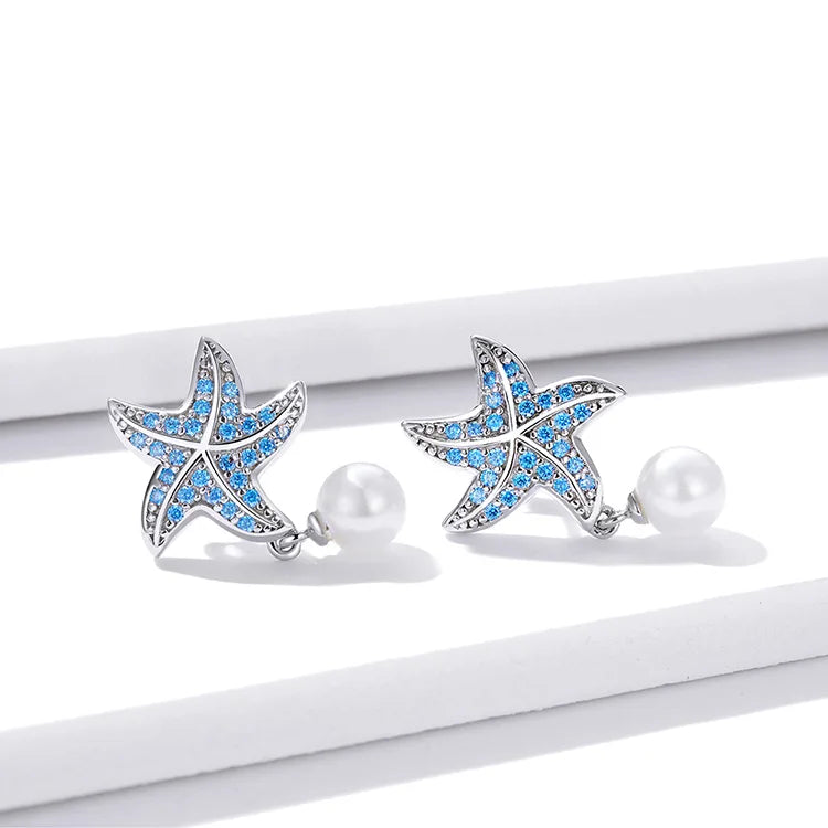 Ocean Blue Zircon Starfish Pearl Stud 925 Sterling Silver