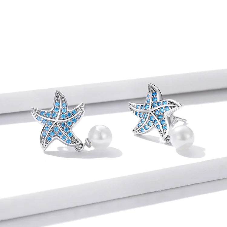 Ocean Blue Zircon Starfish Pearl Stud 925 Sterling Silver