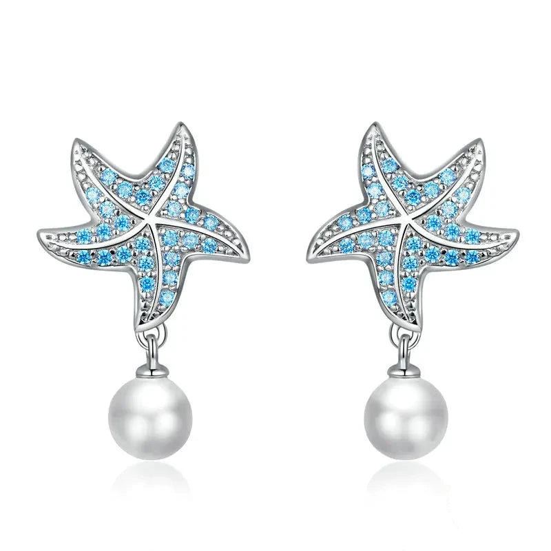 Ocean Blue Zircon Starfish Pearl Stud 925 Sterling Silver