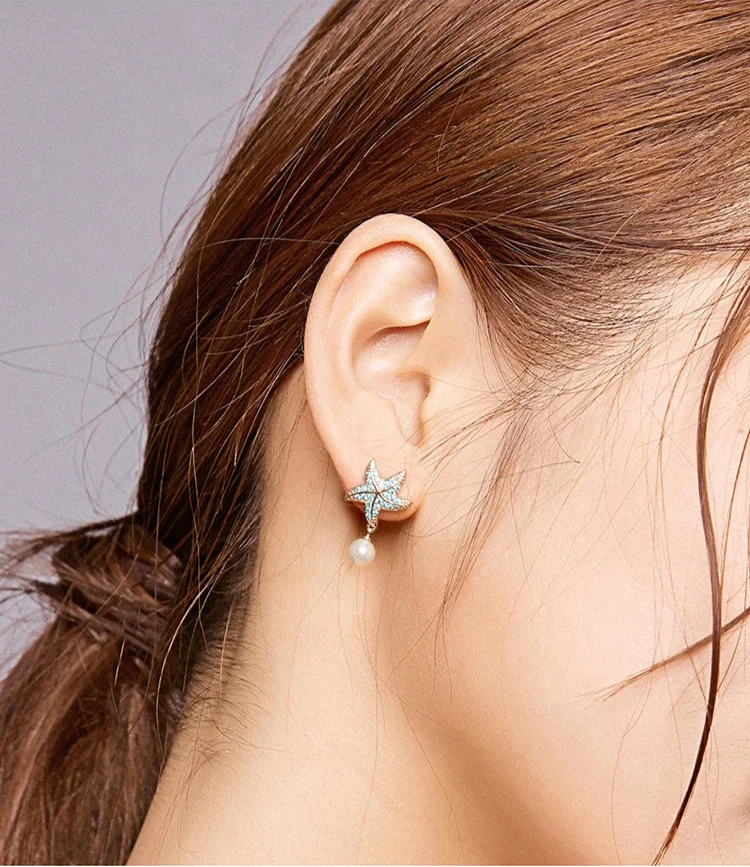 Ocean Blue Zircon Starfish Pearl Stud 925 Sterling Silver