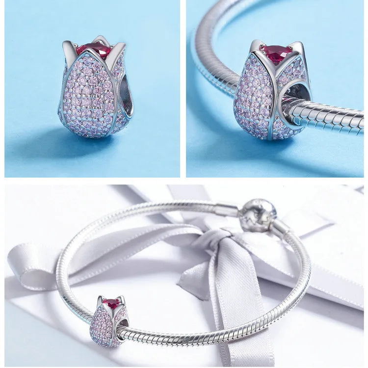 Charm Tulip Flower Petals Pink 925 Sterling Silver