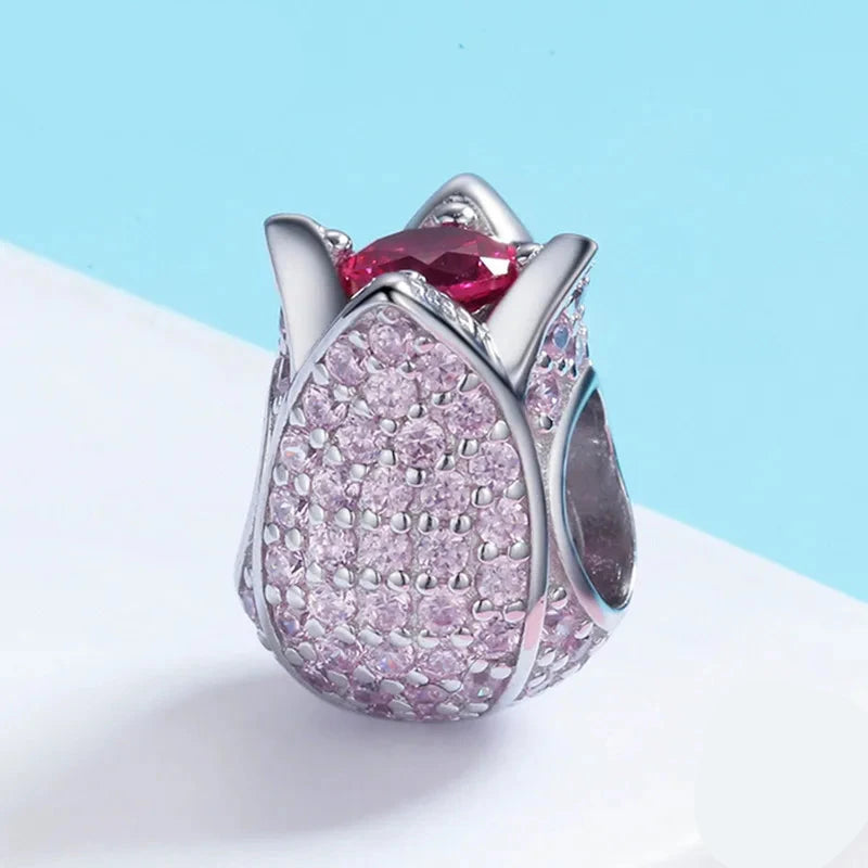 Charm Tulip Flower Petals Pink 925 Sterling Silver