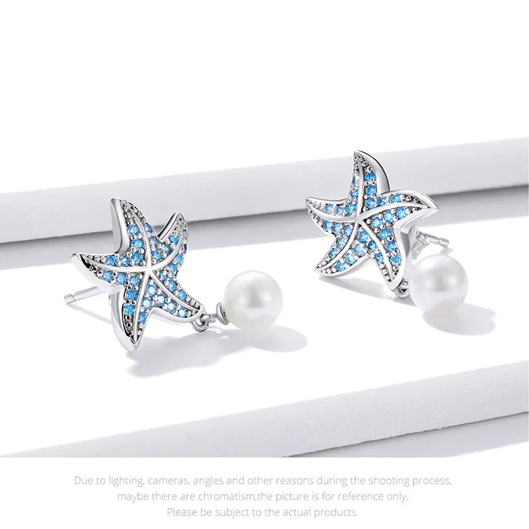 Ocean Blue Zircon Starfish Pearl Stud 925 Sterling Silver