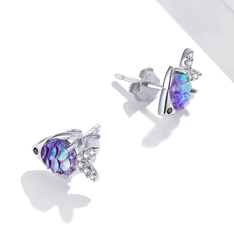 Silver Fish Stud Earrings 925 Sterling Silver Happy Tropical Litte Fish