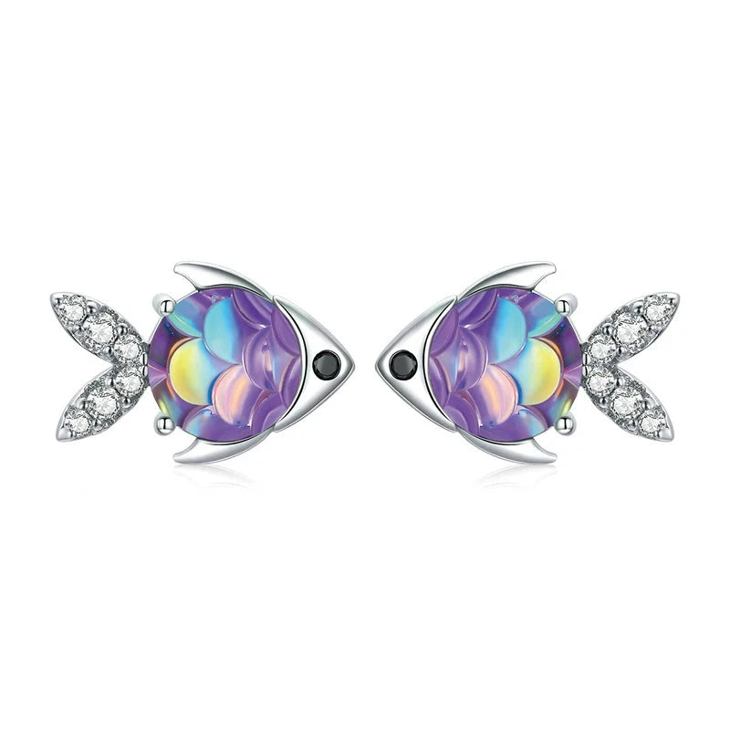 Silver Fish Stud Earrings 925 Sterling Silver Happy Tropical Litte Fish