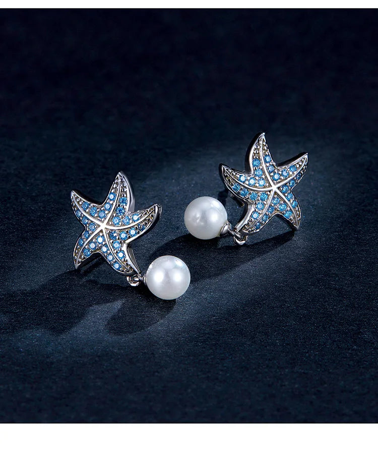Ocean Blue Zircon Starfish Pearl Stud 925 Sterling Silver