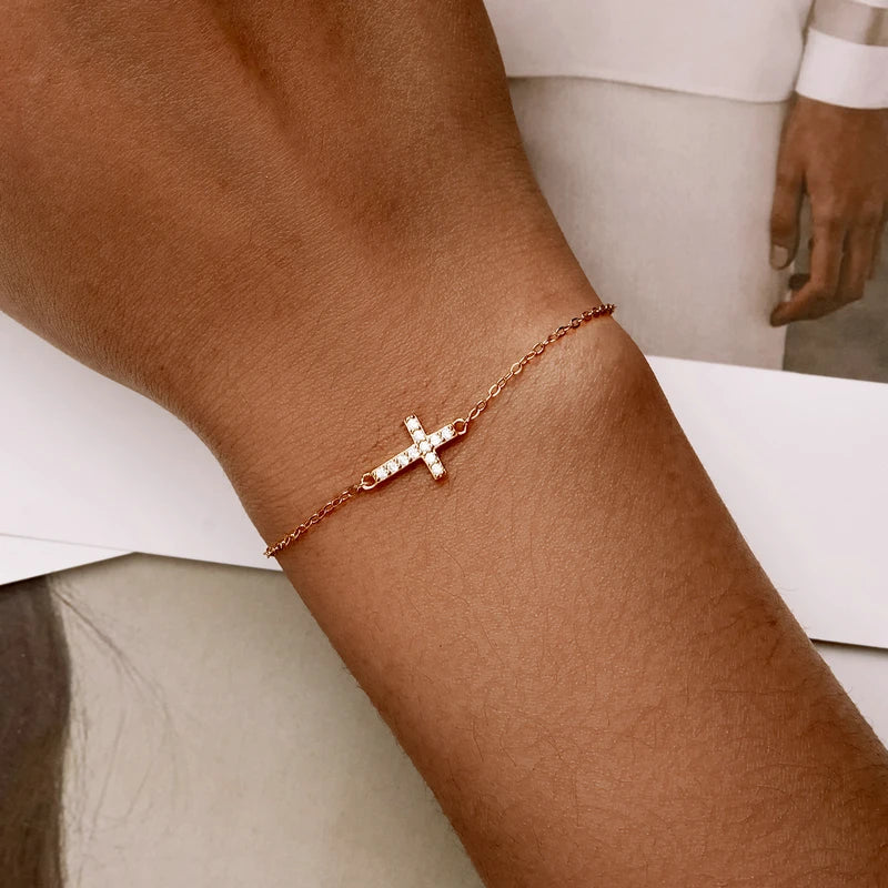 925 Sterling Silver Adjustable Cross Bracelet 14K Gold Plated