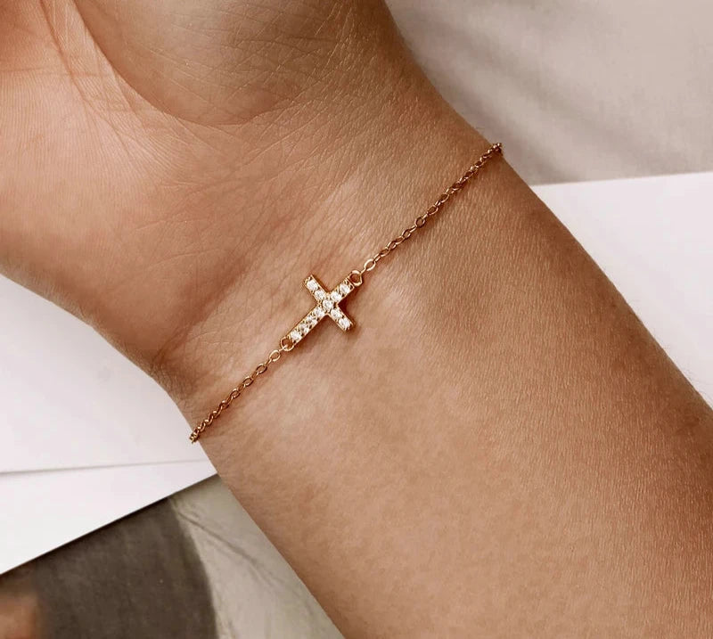 925 Sterling Silver Adjustable Cross Bracelet 14K Gold Plated