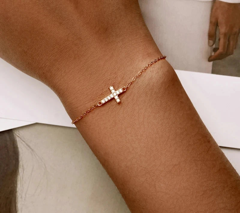 925 Sterling Silver Adjustable Cross Bracelet 14K Gold Plated