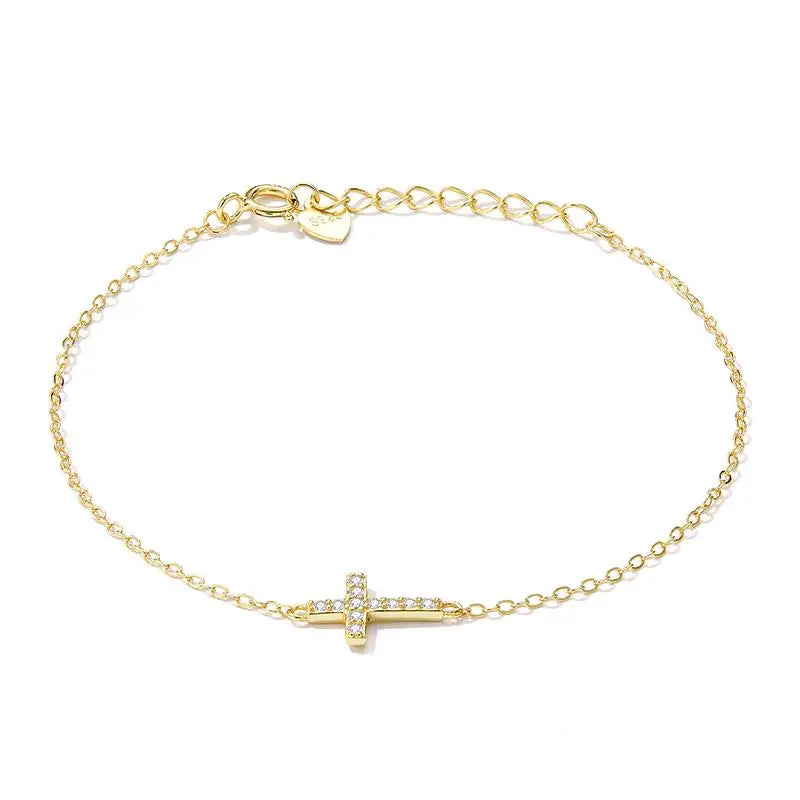 925 Sterling Silver Adjustable Cross Bracelet 14K Gold Plated