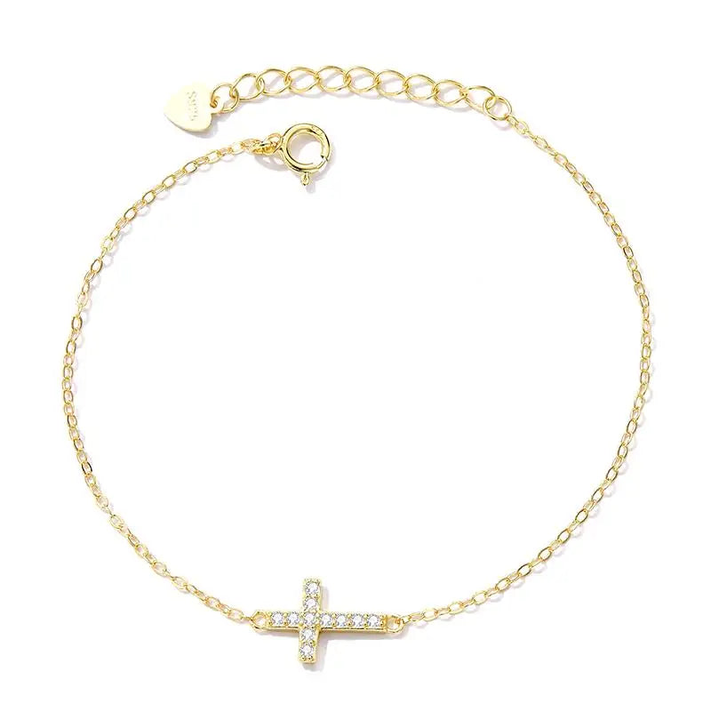 925 Sterling Silver Adjustable Cross Bracelet 14K Gold Plated