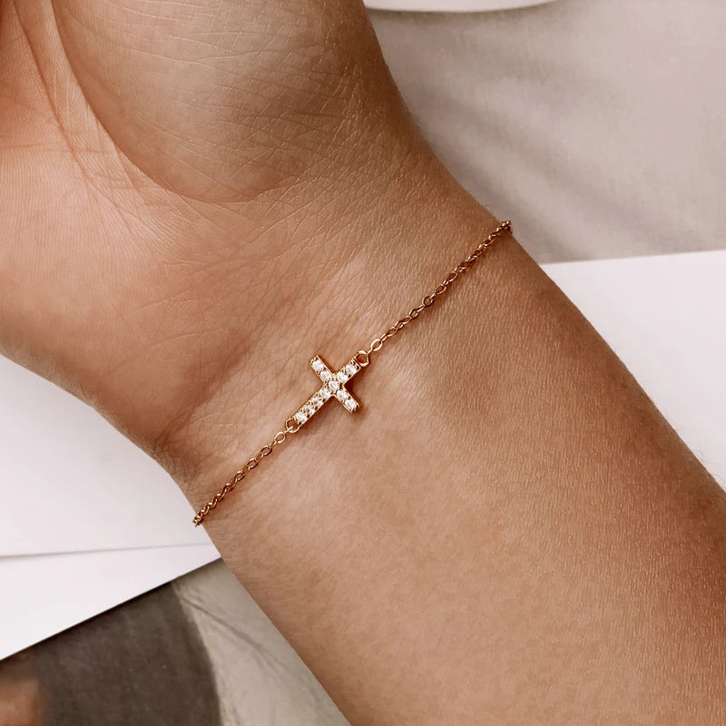 925 Sterling Silver Adjustable Cross Bracelet 14K Gold Plated