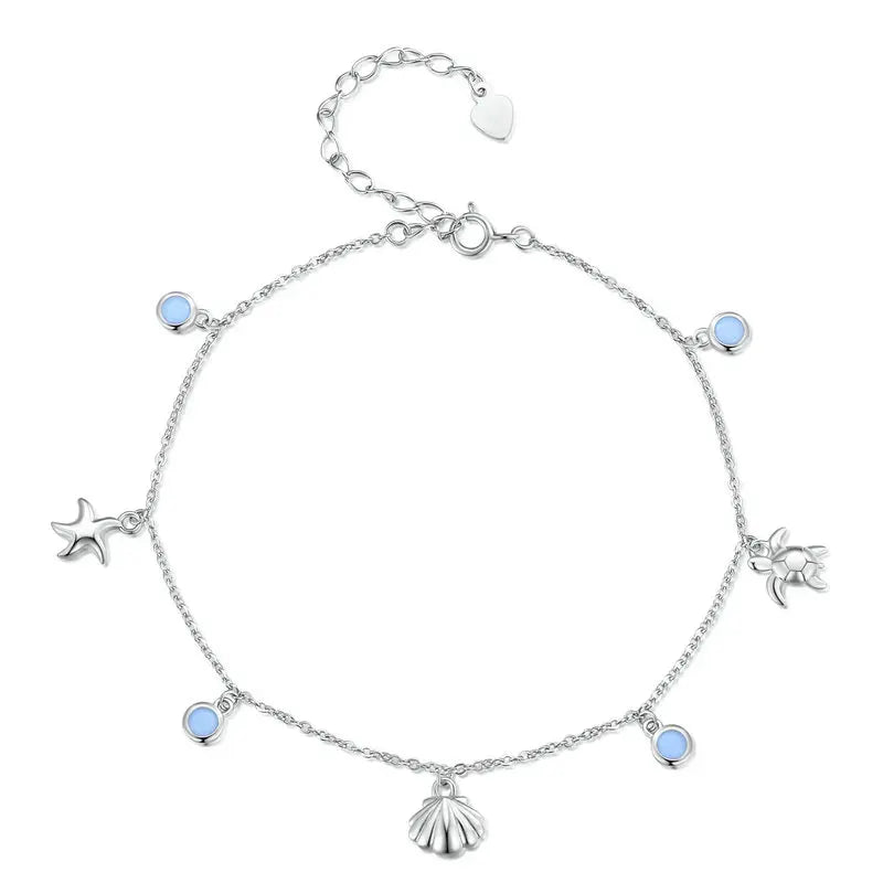 Seastar and Shell Pendant Anklet 925 Sterling Silver