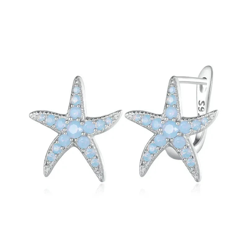 Blue Opal Starfish Ear Buckles Delicate 925 Sterling Silver