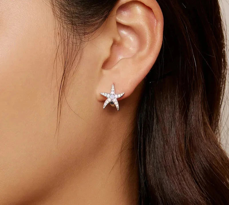 Blue Opal Starfish Ear Buckles Delicate 925 Sterling Silver