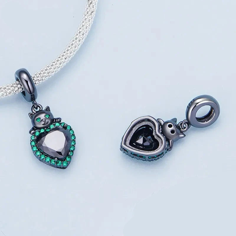 Charms Black Cat Heart Shape 925 Sterling Silver