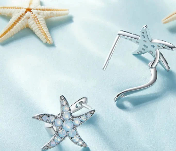 Blue Opal Starfish Ear Buckles Delicate 925 Sterling Silver