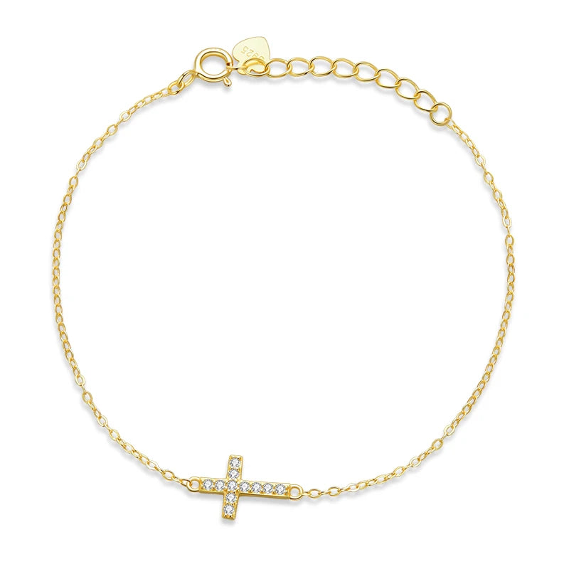 925 Sterling Silver Adjustable Cross Bracelet 14K Gold Plated