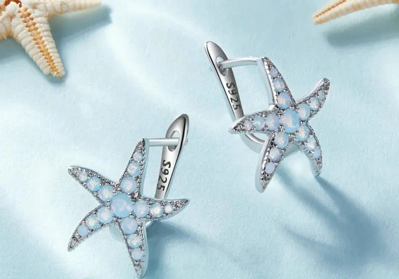 Blue Opal Starfish Ear Buckles Delicate 925 Sterling Silver