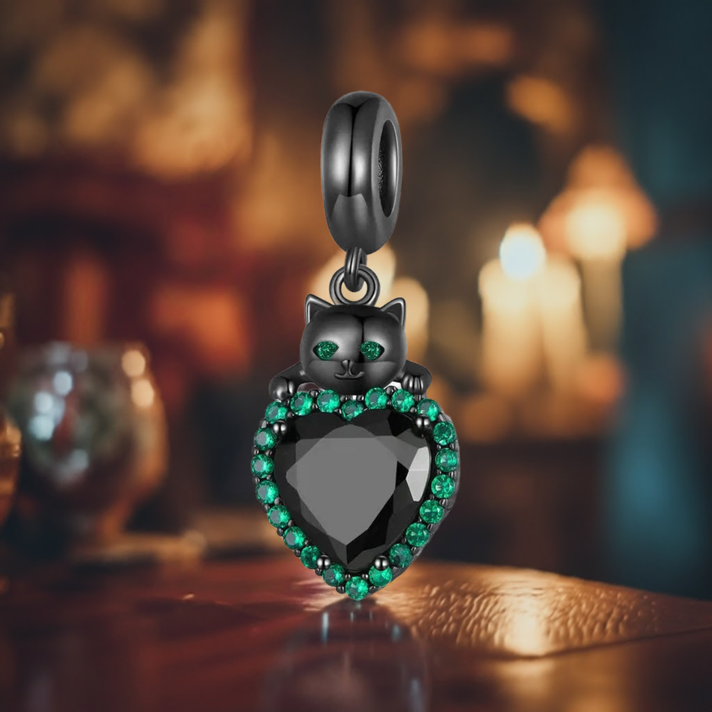 Charms Black Cat Heart Shape 925 Sterling Silver