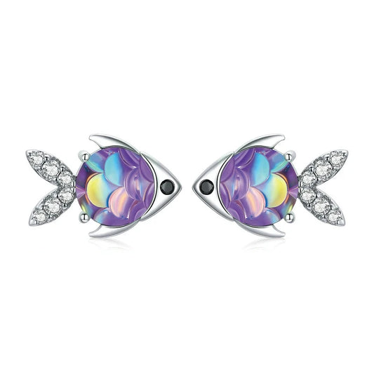 Silver Fish Stud Earrings 925 Sterling Silver Happy Tropical Litte Fish