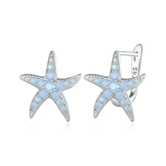 Blue Opal Starfish Ear Buckles Delicate 925 Sterling Silver